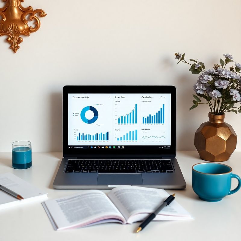 Minimalistický editorial workspace s otevřeným notebookem zobrazujícím datové grafy